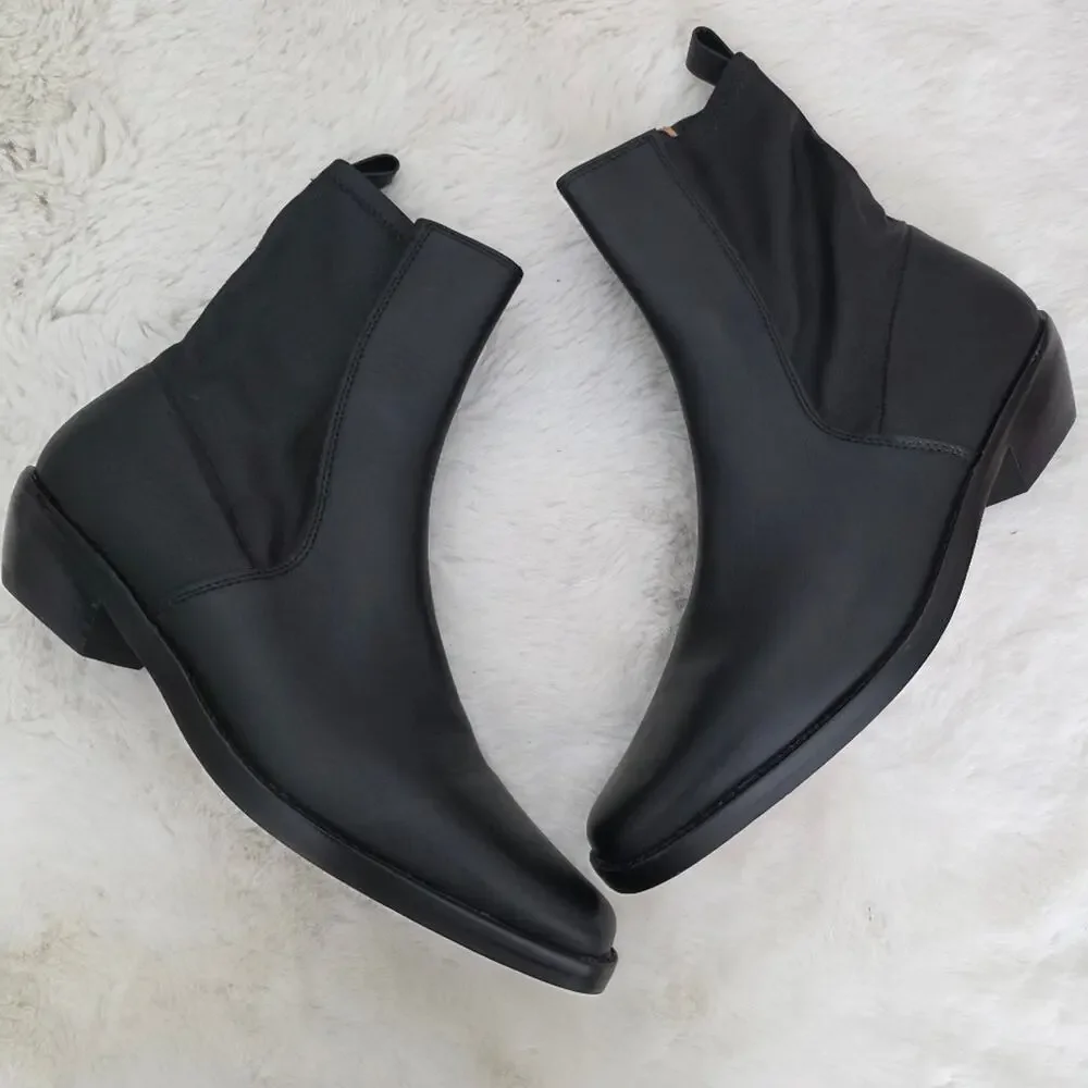 Madewell Idris True Black Leather Ankle Booties Stretchy Panel Block Heel Size 8
